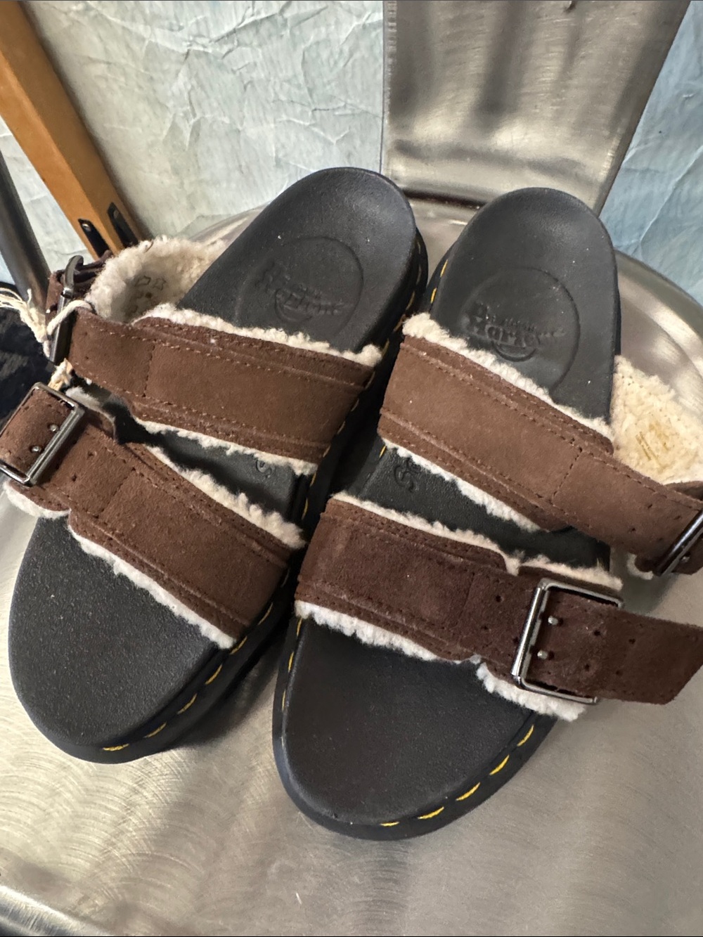 Dr. Martens Brown Suede Shearling Buckle Sandals with Black Footbed - Picture 5 of 8